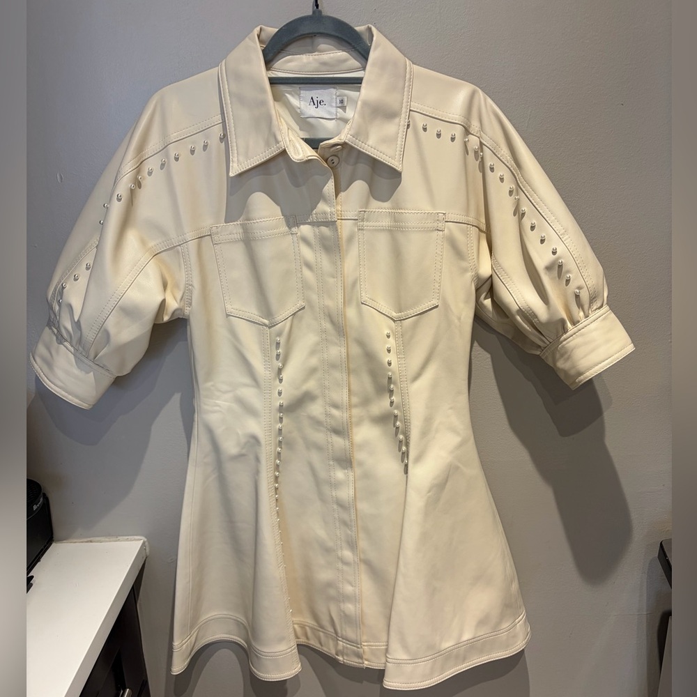 Aje Claire Pearl Cream Mini Leather Dress with Puff Sleeves - worn once! - Picture 3 of 7